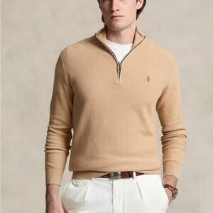 Polo Ralph Lauren Men’s Mesh-Knit Cotton Quarter-Zip Sweater Camel SZ L NWT